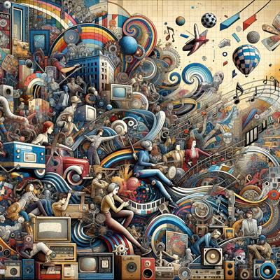 The primary subject of the image is a large, detailed illustration of a city, featuring various elements such as people, buildings, and vehicles. The setting is a busy urban environment, with a mix of modern and vintage elements. The visual style is a combination of digital art and illustration, creating a vibrant and engaging scene. The colors and mood of the image are lively and energetic, with a focus on the bustling city life.